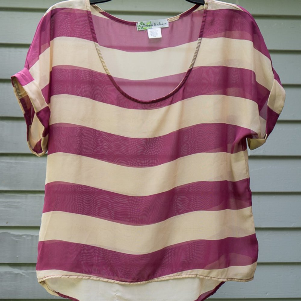 Sheer Going Out Top Striped Crop Tee Shirt Purple M